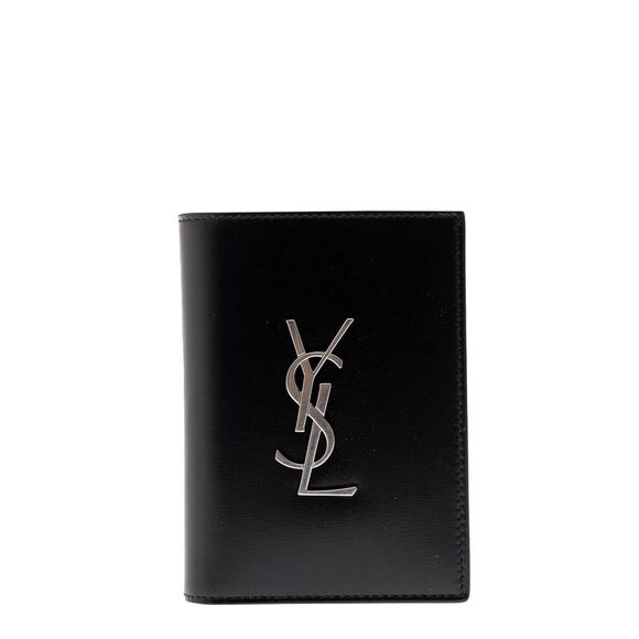 Saint Laurent Men Black Leather Wallet With Ysl Metal Logo Man